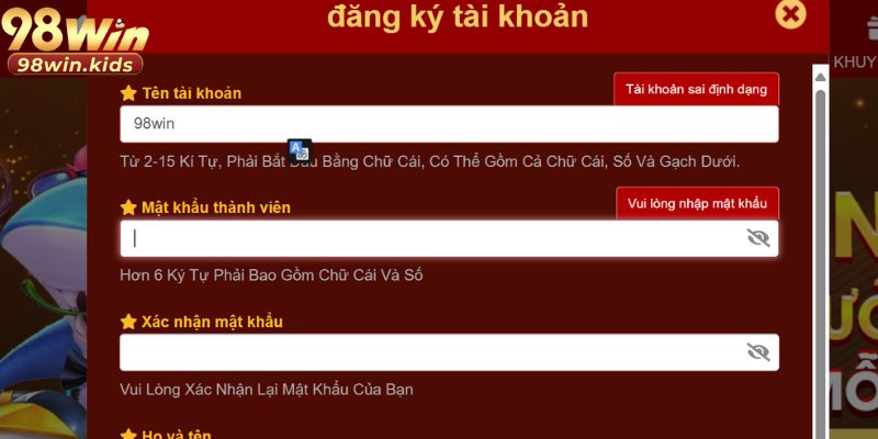 Thông tin bạn cần cung cấp để mở tài khoản tại 98win